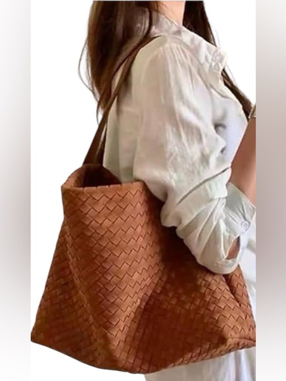 Hand made Woven tote suede Shoulder Bag in Cognac Brown - Picture 8 of 17